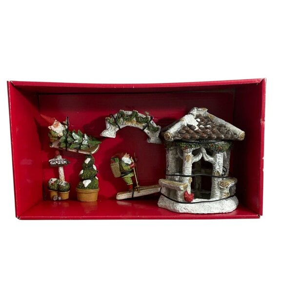 Winter Wonder Lane 6 Pc Fairy Garden Set Christmas Birch Tree House Elves Skiing - Picture 1 of 11